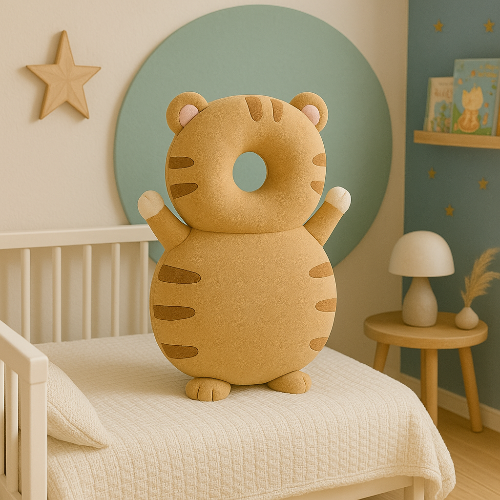 Coussin anti-chute bébé en forme de tigre posé sur un lit dans une chambre de bébé. | Coussin-deco.fr