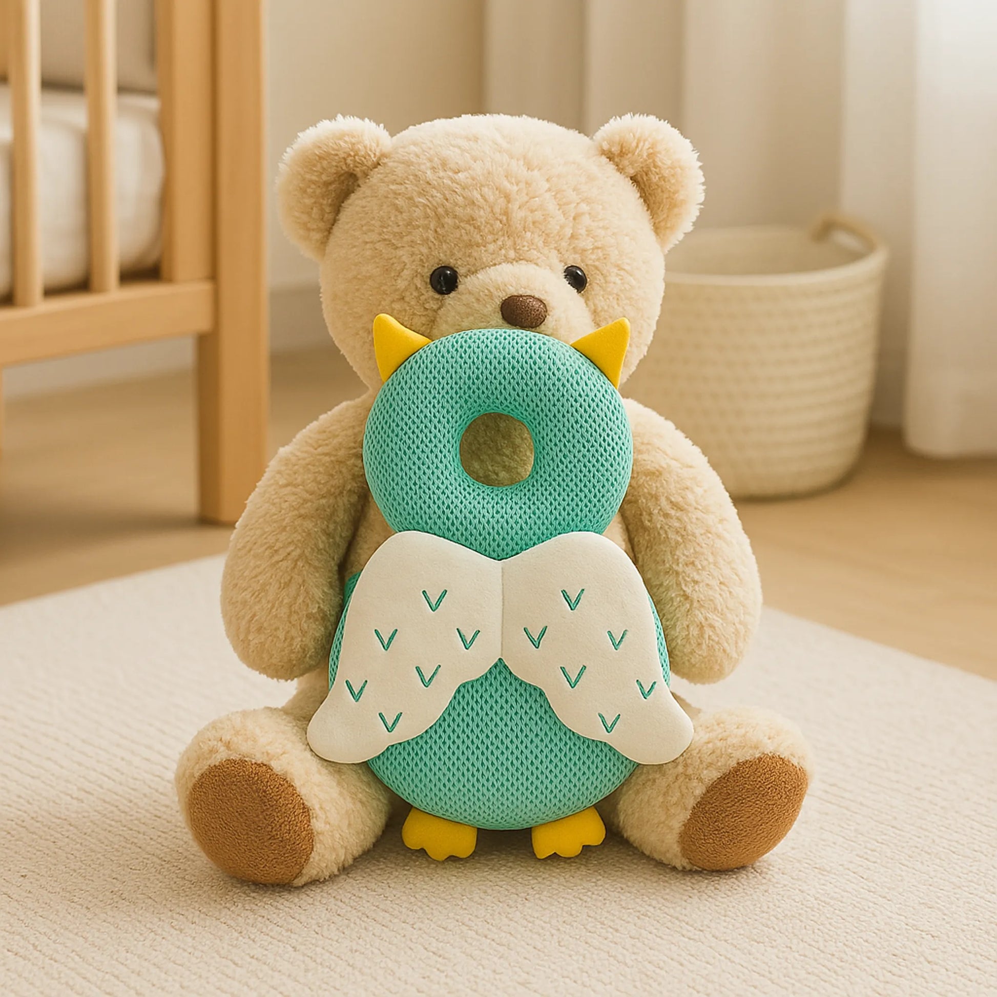 Coussin Anti-Chute Bébé - Chouette, montré en situation porté sur un doudou dans une chambre bébé cosy.