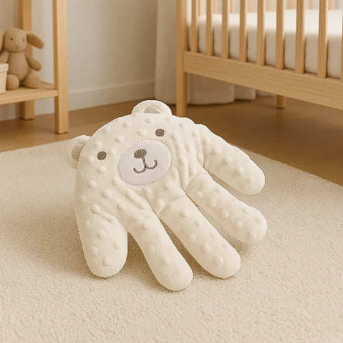 coussin beige ours posé à parterre dans la chambre de bébé | Coussin-deco.fr
